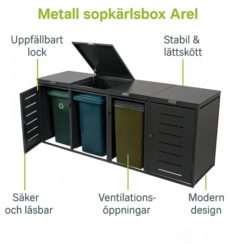 Soptunneskjul 2 kärl | Låsbart | Gasfjäder & ventilation | Mörkgrå