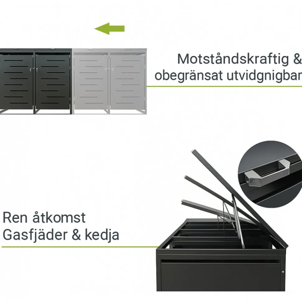 Soptunneskjul 2 kärl | Låsbart | Gasfjäder & ventilation | Mörkgrå