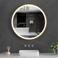 Stilren LED-spegel 80x80cm | Guldaluminiumram| Anti-fog & touch-styrning
