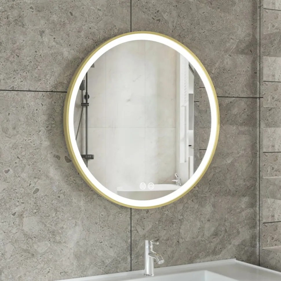 Stilren LED-spegel 80x80cm | Guldaluminiumram| Anti-fog & touch-styrning