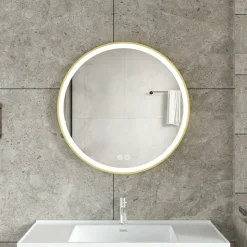 Stilren LED-spegel | 60x60 cm | Guldaluminiumram | Anti-fog & touch-styrning