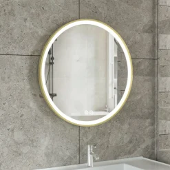 Stilren LED-spegel | 60x60 cm | Guldaluminiumram | Anti-fog & touch-styrning