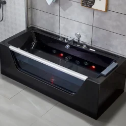 Svart bubbelbadkar | Glasfront, värmare & ljusterapi | 180cm | BK-009V