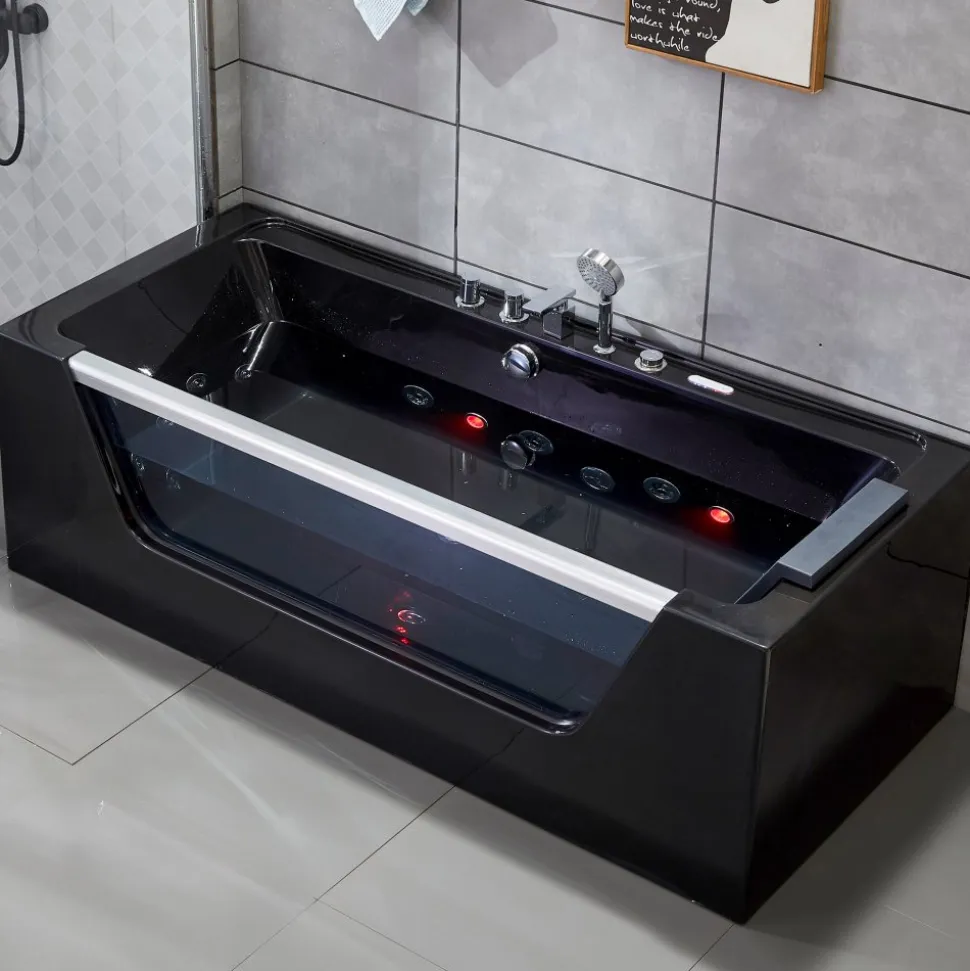 Svart bubbelbadkar | Glasfront, värmare & ljusterapi | 180cm | BK-009V