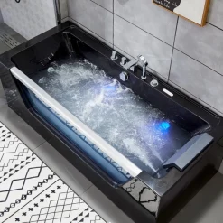 Svart bubbelbadkar | Glasfront, värmare & ljusterapi | 180cm | BK-009V
