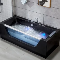 Svart bubbelbadkar | Glasfront, värmare & ljusterapi | 180cm | BK-009V