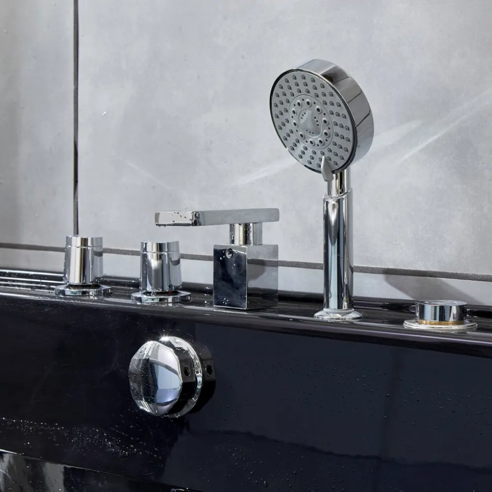 Svart bubbelbadkar | Glasfront, värmare & ljusterapi | 180cm | BK-009V