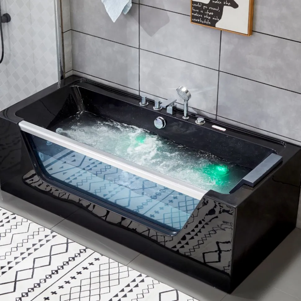 Svart bubbelbadkar | Glasfront, värmare & ljusterapi | 180cm | BK-009V