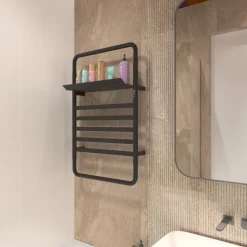 Svart handdukstork med timer och hylla | 60x90 cm | Stilren elmodell