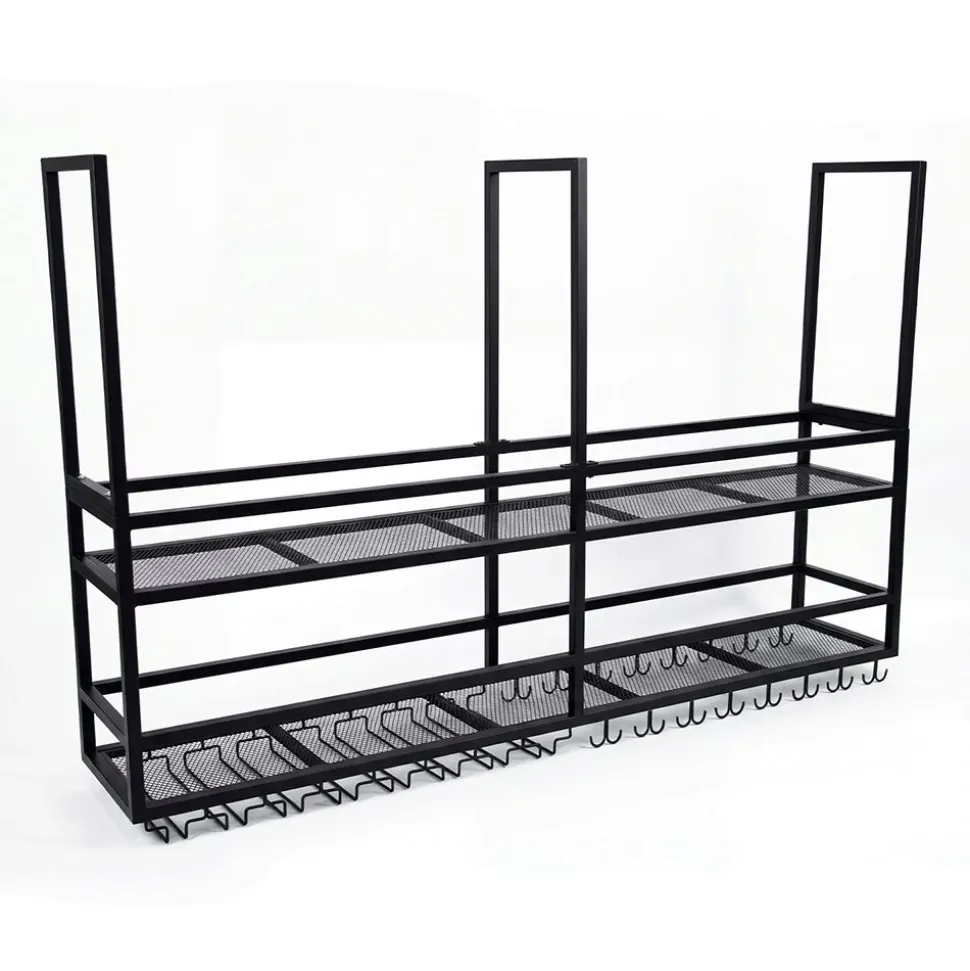 Takhängd vinhylla för köksö | Vin & glashållare | 160×30 cm | Svart