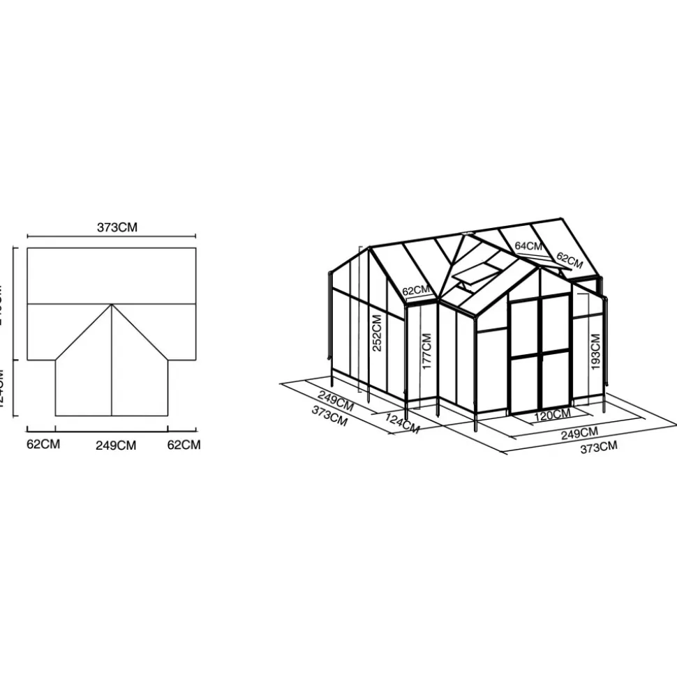 T-format växthus 12,4 m² | 4 mm säkerhetsglas & 6 mm polykarbonat | 5 års ramgaranti