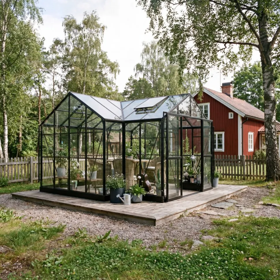 T-format växthus 12,4 m² | 4 mm säkerhetsglas & 6 mm polykarbonat | 5 års ramgaranti