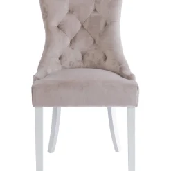 Tuva matstol beige sammet | Lyxig stol med ring-handtag, kromade nitar och vita ben