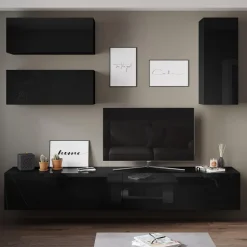 Tv-bänk inkl. hyllor 41x240 cm | Vägghängd | Badachro - Svart