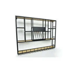 Vägghängd barhylla i svart metall | Vin, glas & flaskförvaring | 150 × 120 cm