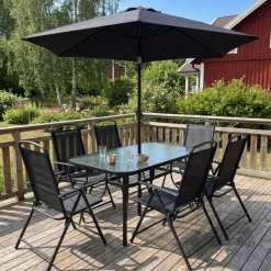 Växjö utegrupp komplett med bord | 6 positionsstolar och parasoll | Svart |