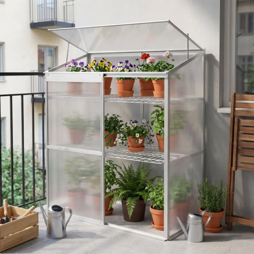 Växthus för balkong | Kanalplast | 129x58x140 cm | Aluminiumram