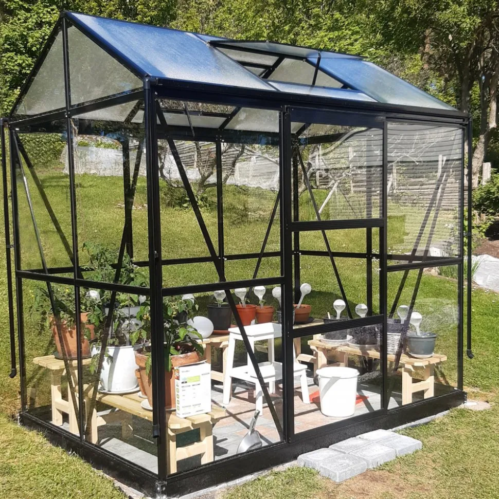 Växthus med adaptiv dörrplacering 3,5m² | 4mm säkerhetsglas | Svart