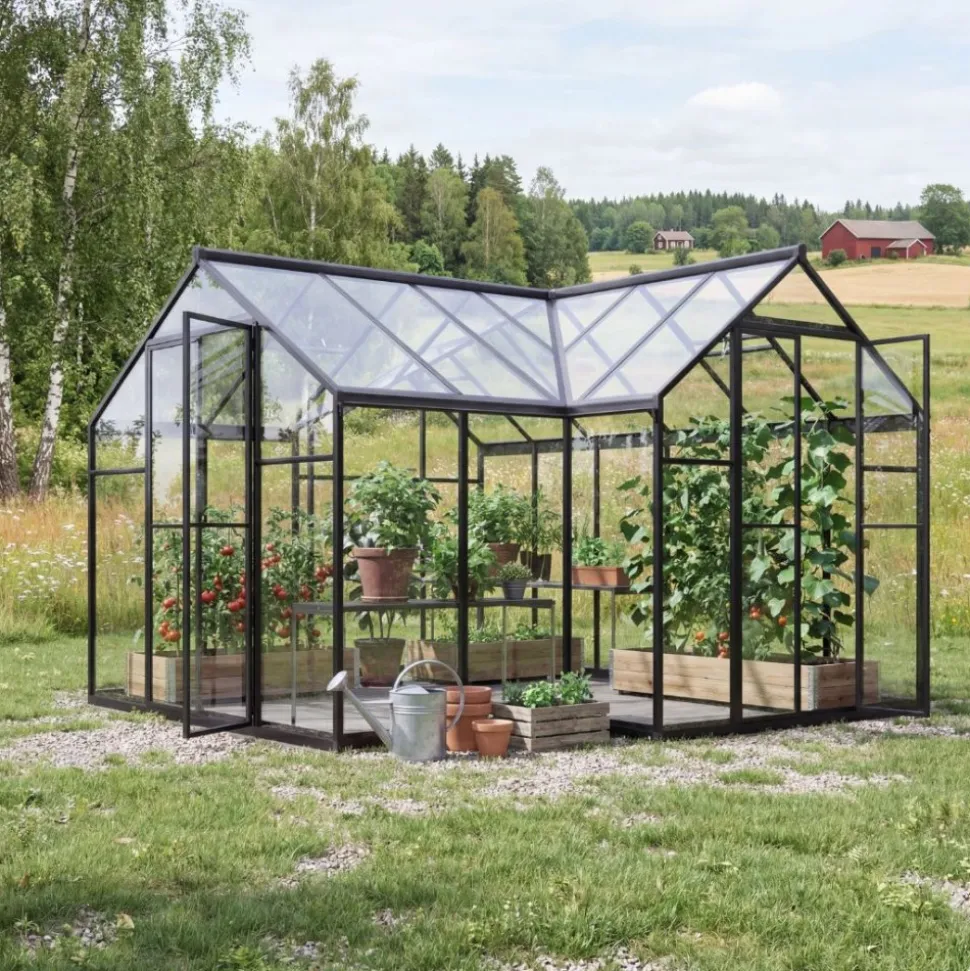 Växthus 11,8 m² | Härdat glas & kanalplast | Svart aluminium | Titania