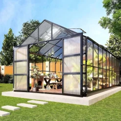 Växthus 18m² Premium | Extra hög odlingshöjd | 6mm kanalplast | Svart