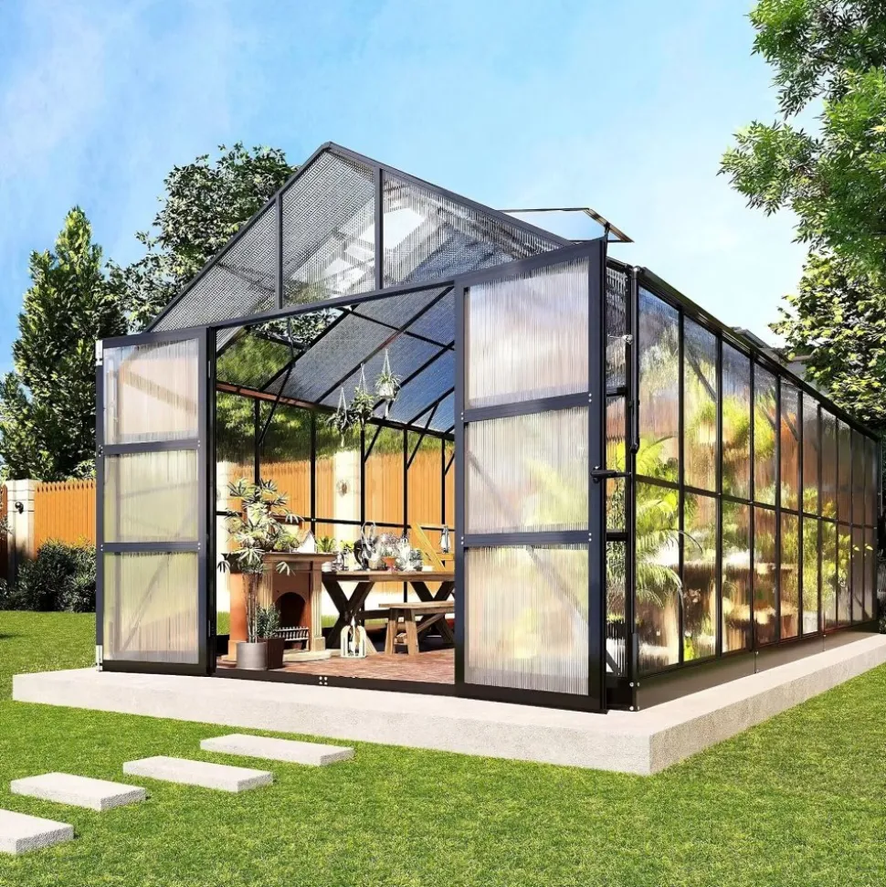 Växthus 18m² Premium | Extra hög odlingshöjd | 6mm kanalplast | Svart